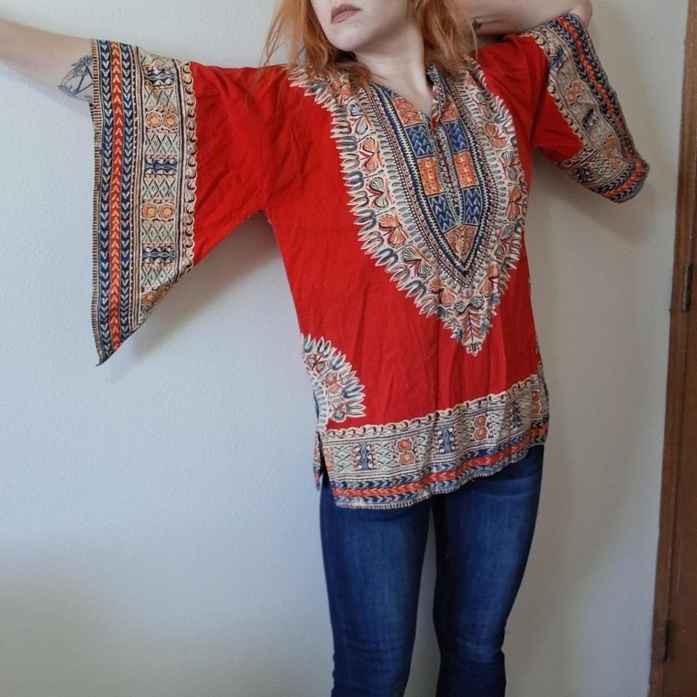 Vintage 70s Red Dashiki Angel Sleeve Tunic Top M L